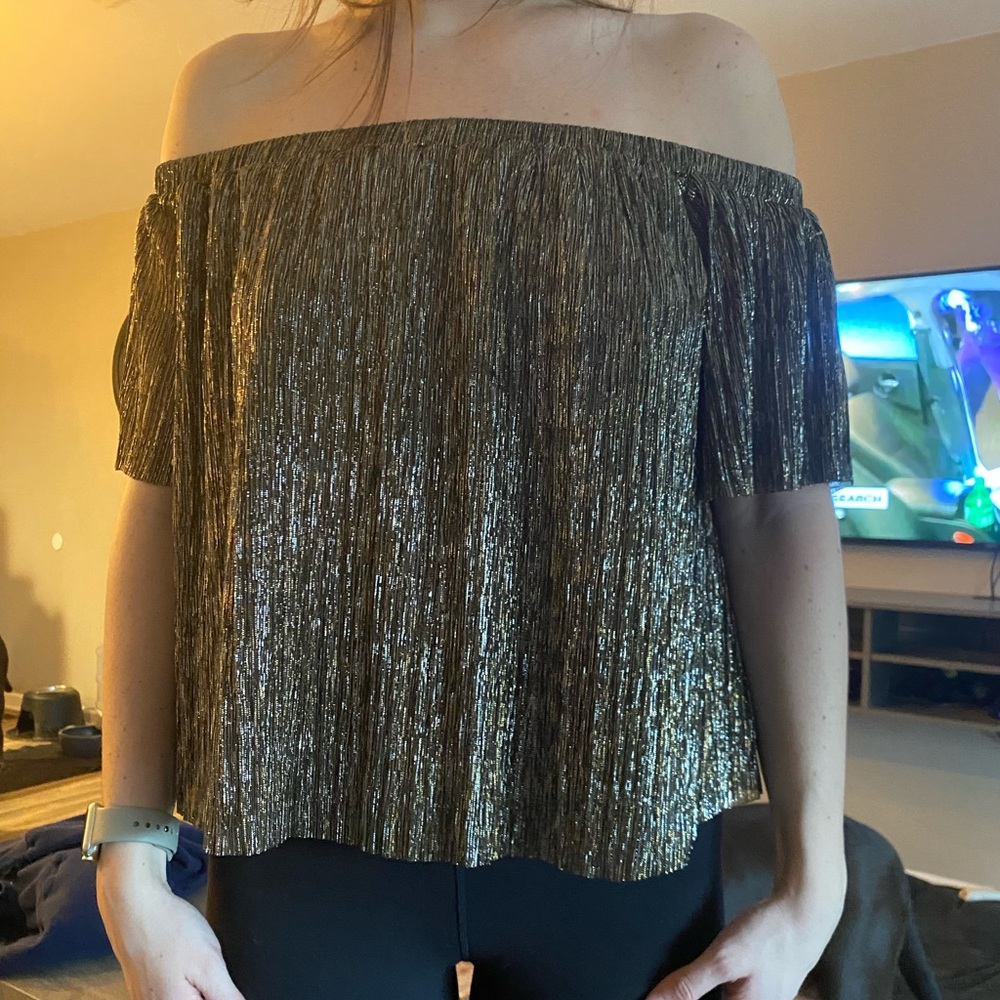Gold sparkly off the shoulder top
